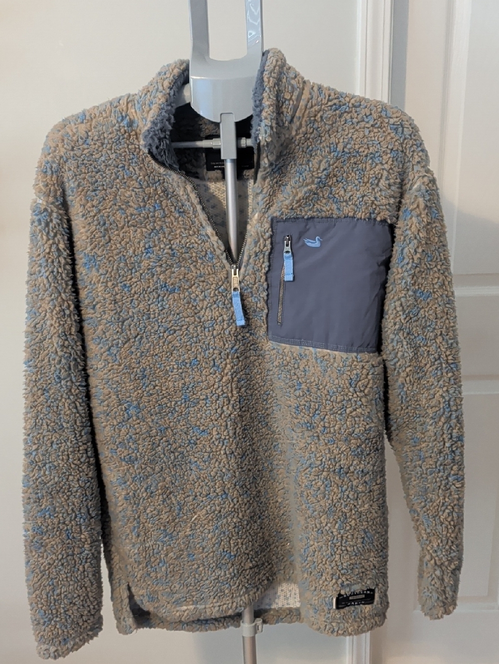 Women's Half-Zip Sherpa Pullover - Taupe with Blue Trim